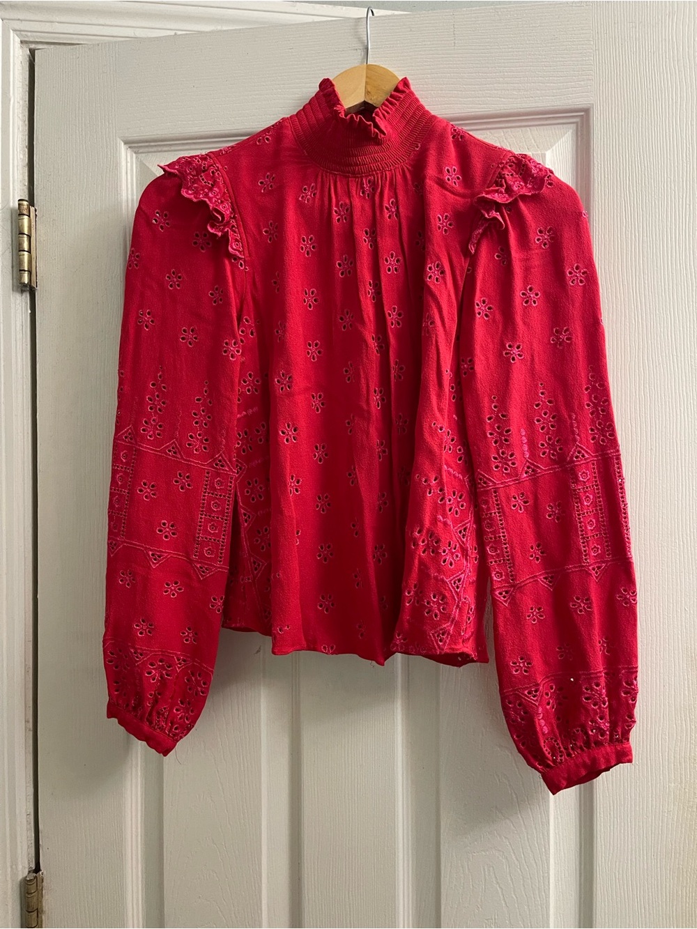 Hale Bob Bright Red Eyelet Lace High-Neck Blouse